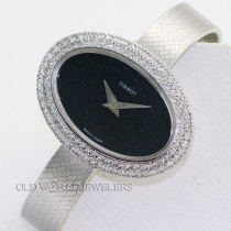 Tissot Lady Oval Shaped Watch 18K Gold Black Stone Dial Pave Diamond Bezel